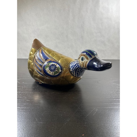 Tonala Other - Vintage Tonala Mexico Brass and Pottery Duck Figurine El Palomar Style Folk Art
